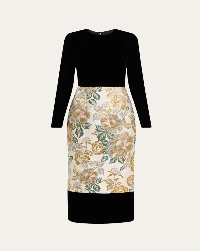 Floral Jacquard Crewneck Midi Dress